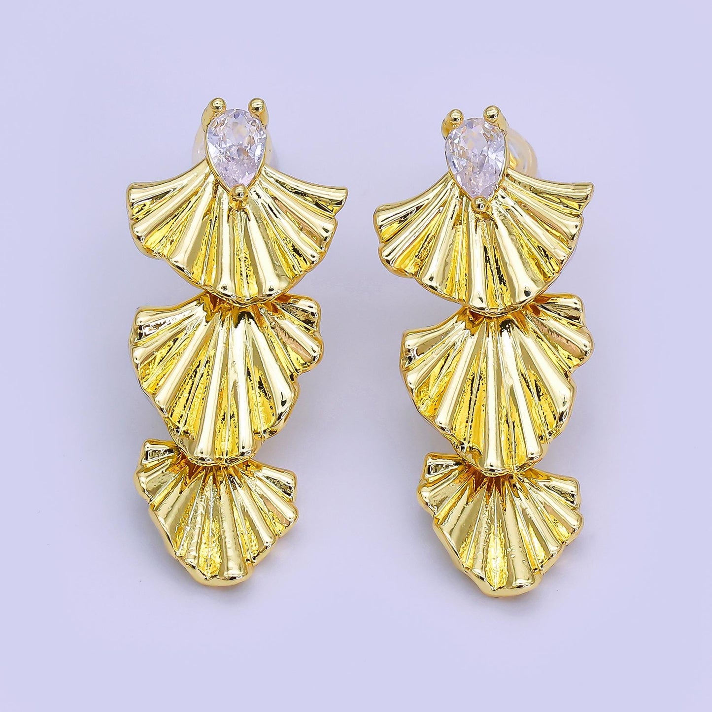 24K Gold Filled Teardrop CZ Sunburst Foil Drop Stud Earrings | AI438
