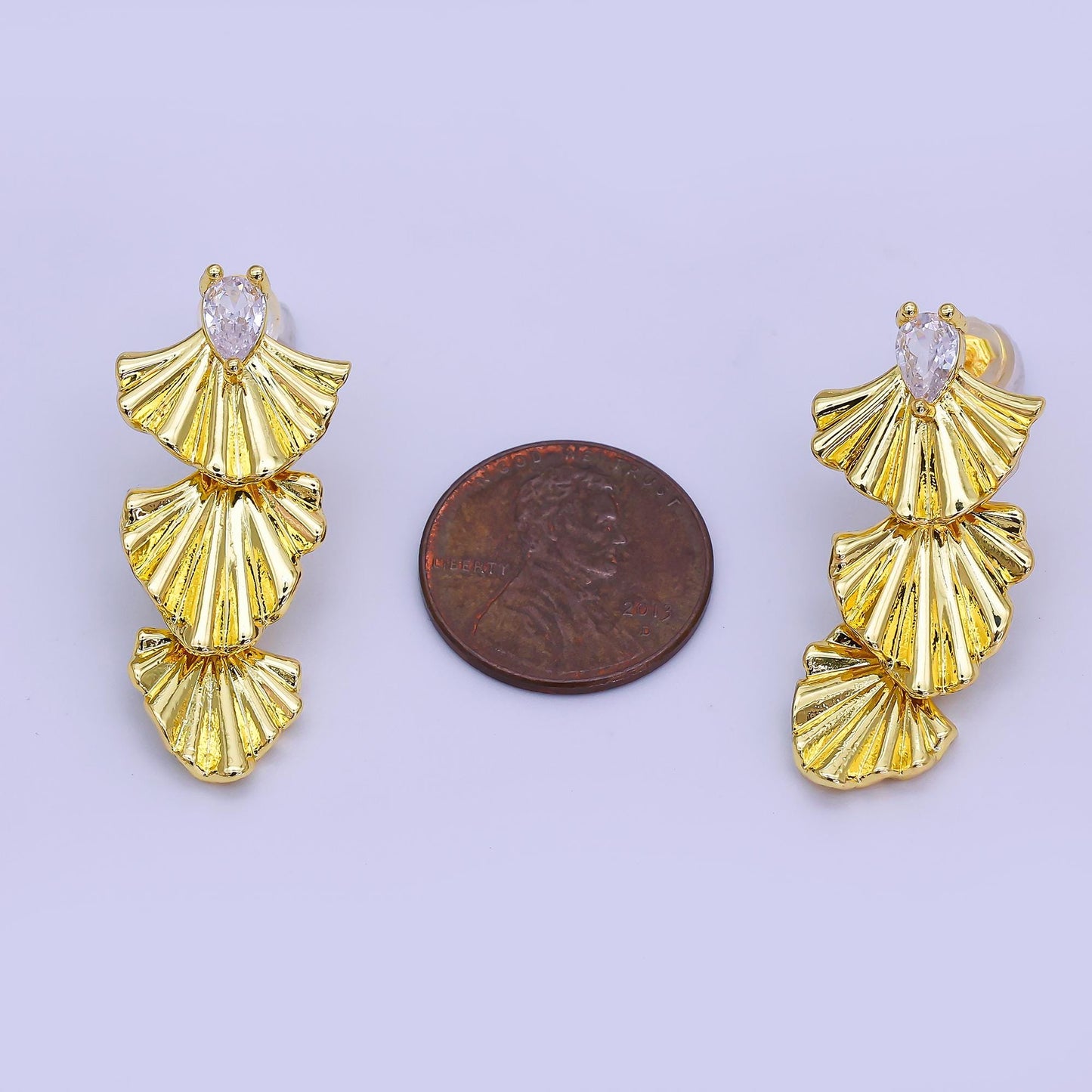 24K Gold Filled Teardrop CZ Sunburst Foil Drop Stud Earrings | AI438