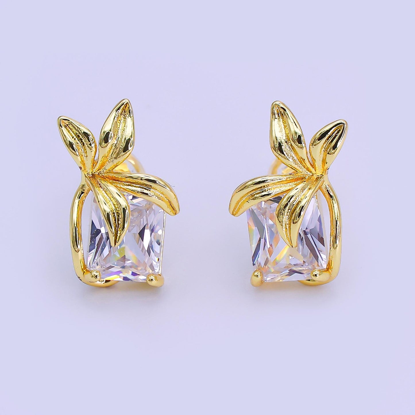 24K Gold Filled Baguette CZ Flower Leaf Stud Earrings | AI440