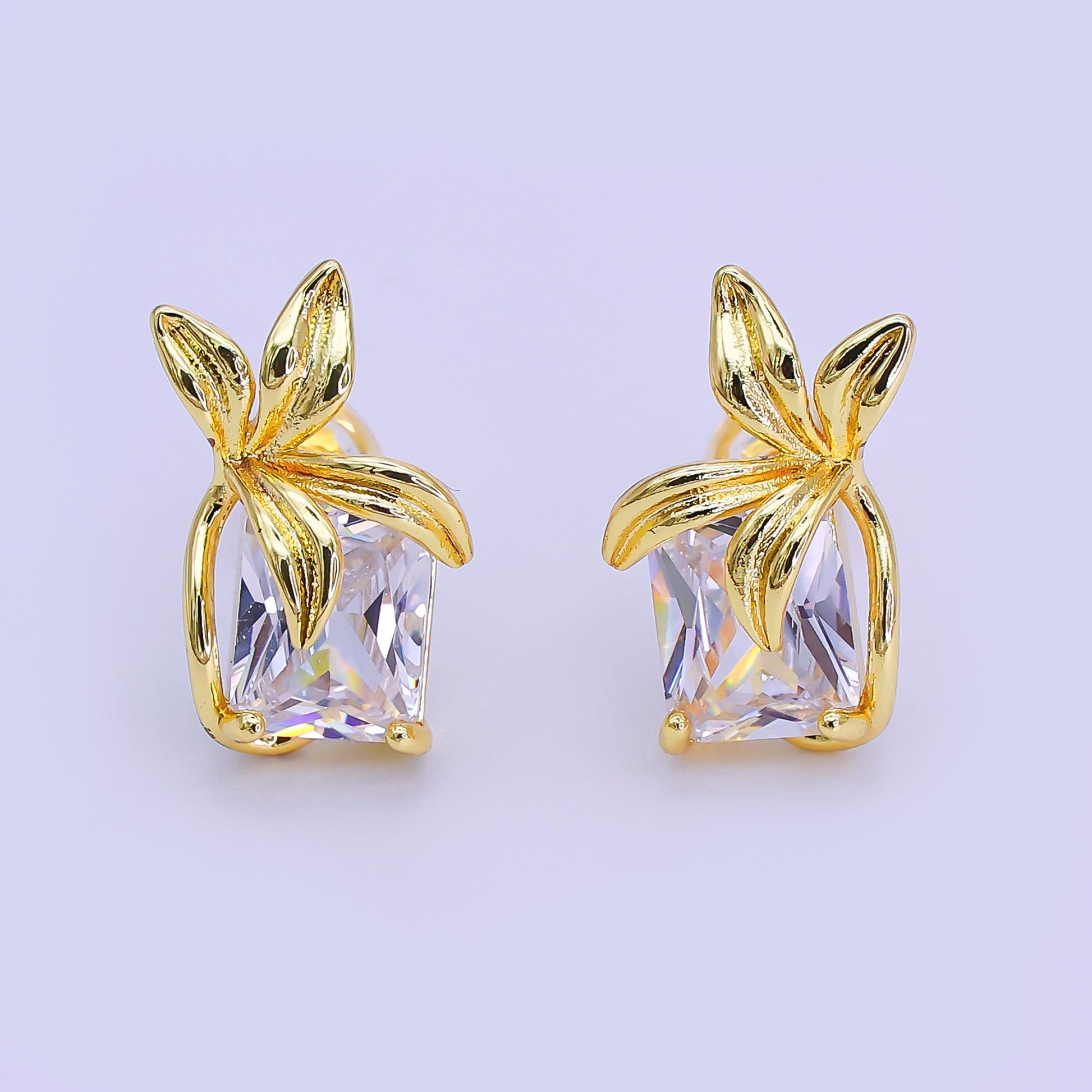 24K Gold Filled Baguette CZ Flower Leaf Stud Earrings | AI440