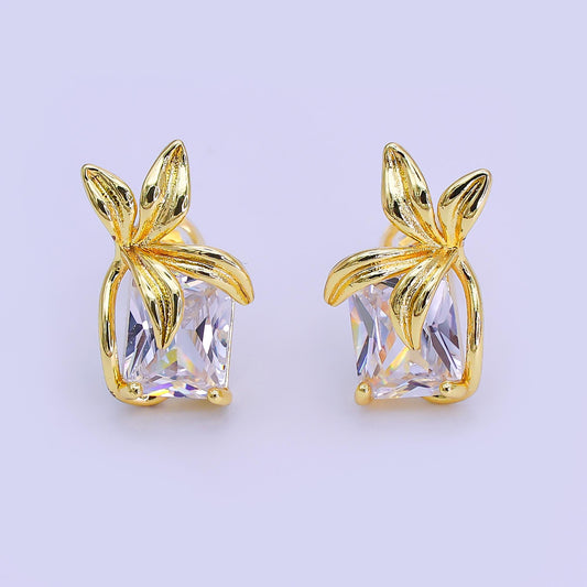 24K Gold Filled Baguette CZ Flower Leaf Stud Earrings | AI440