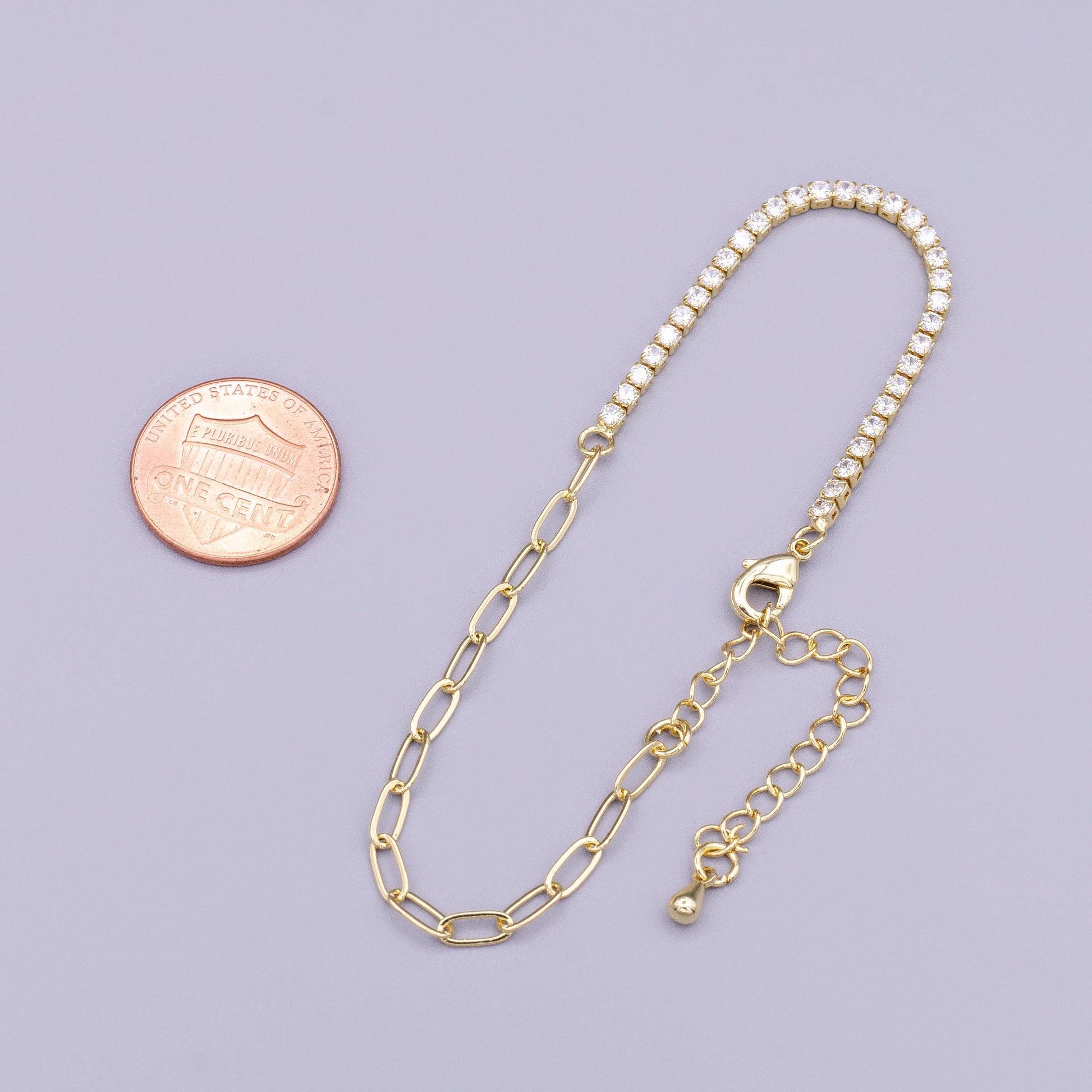 16K Gold Filled 2mm Half Tennis Half Paperclip 7 Inch Chain Bracelet | WA-1809