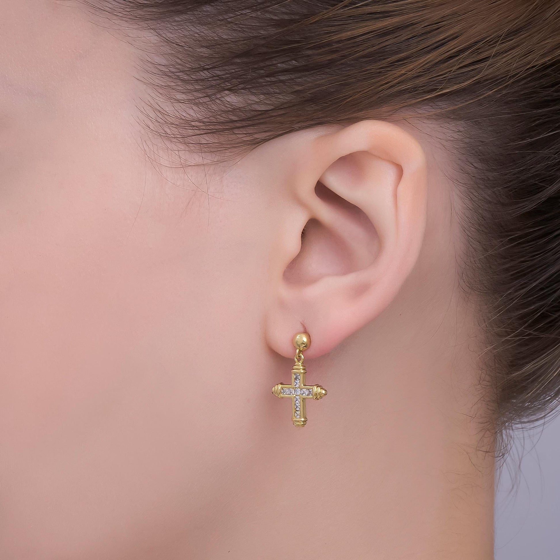 24K Gold Filled Baguette CZ Cross Round Drop Stud Earrings | AI437