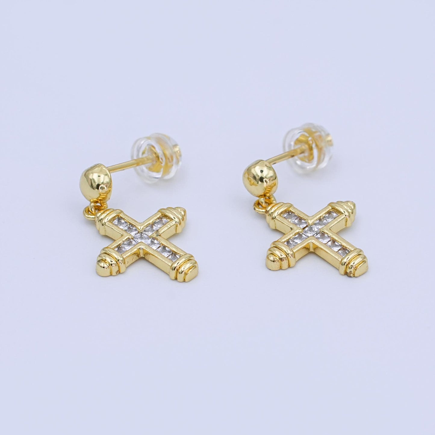 24K Gold Filled Baguette CZ Cross Round Drop Stud Earrings | AI437