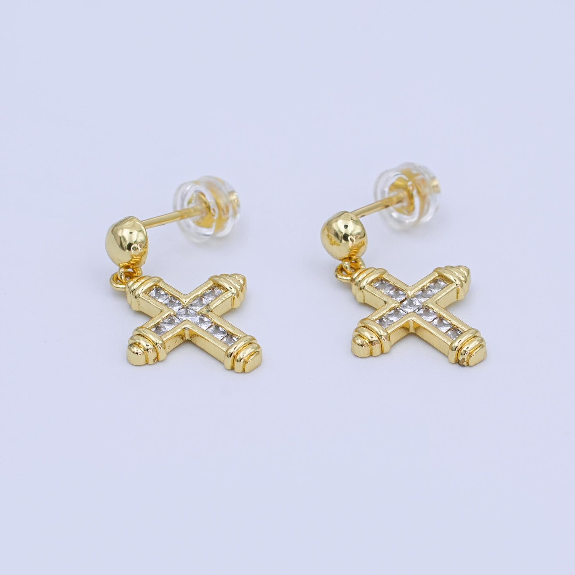 24K Gold Filled Baguette CZ Cross Round Drop Stud Earrings | AI437