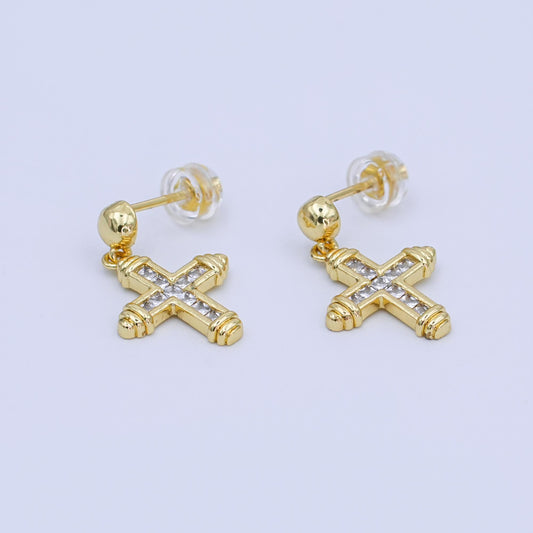 24K Gold Filled Baguette CZ Cross Round Drop Stud Earrings | AI437