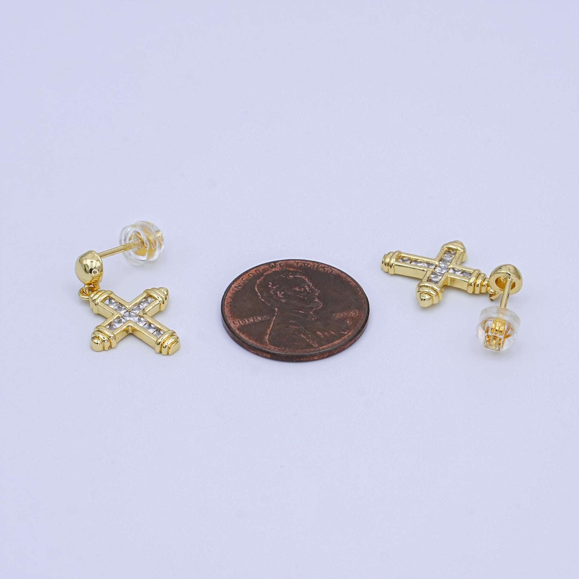 24K Gold Filled Baguette CZ Cross Round Drop Stud Earrings | AI437