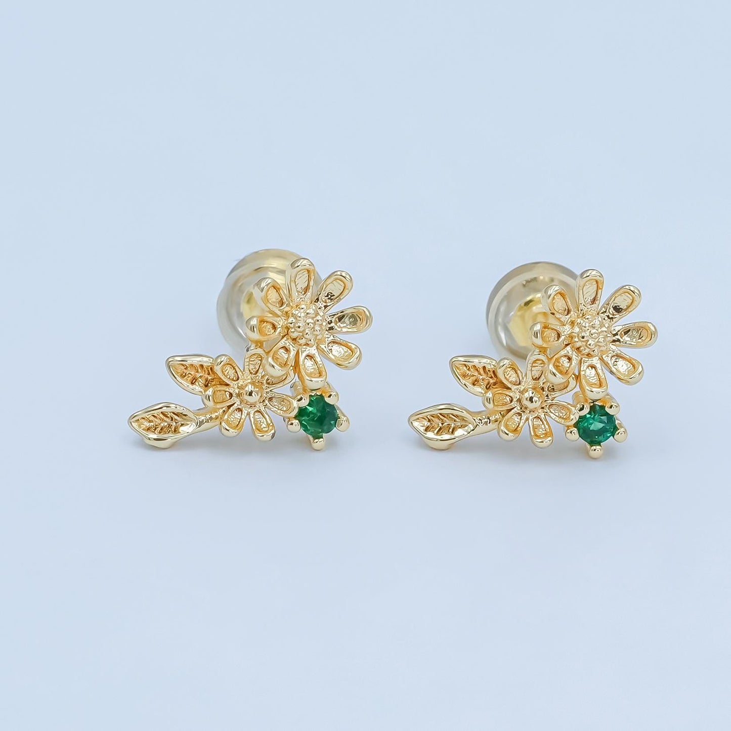 24K Gold Filled Green CZ Flower Leaf Stud Earrings | AI434