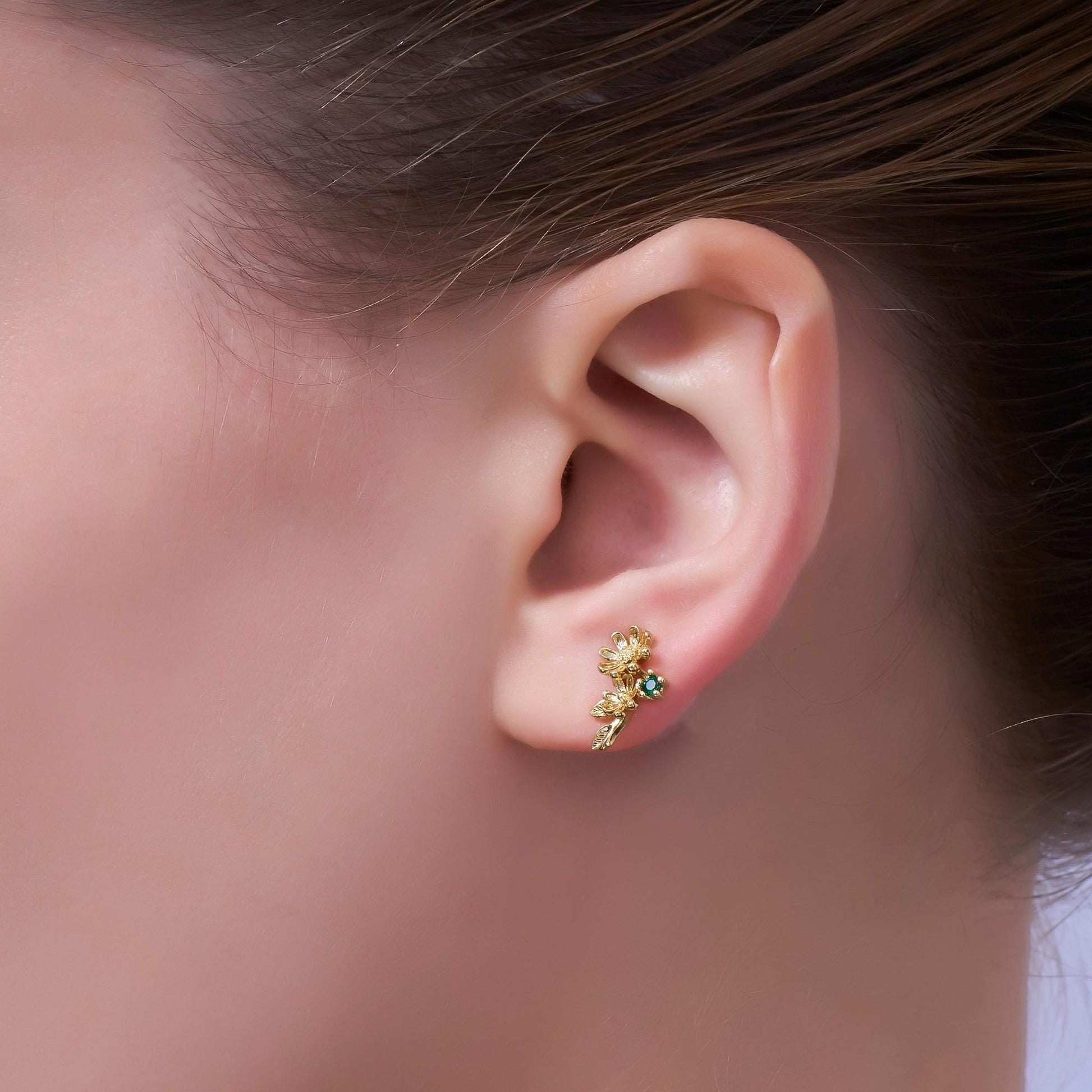 24K Gold Filled Green CZ Flower Leaf Stud Earrings | AI434