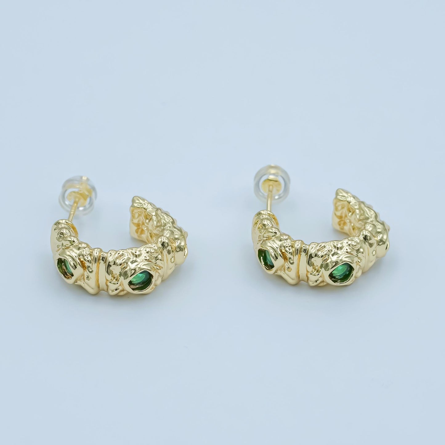 24K Gold Filled Green CZ Molten C-Shaped Hoop Earrings | AI435