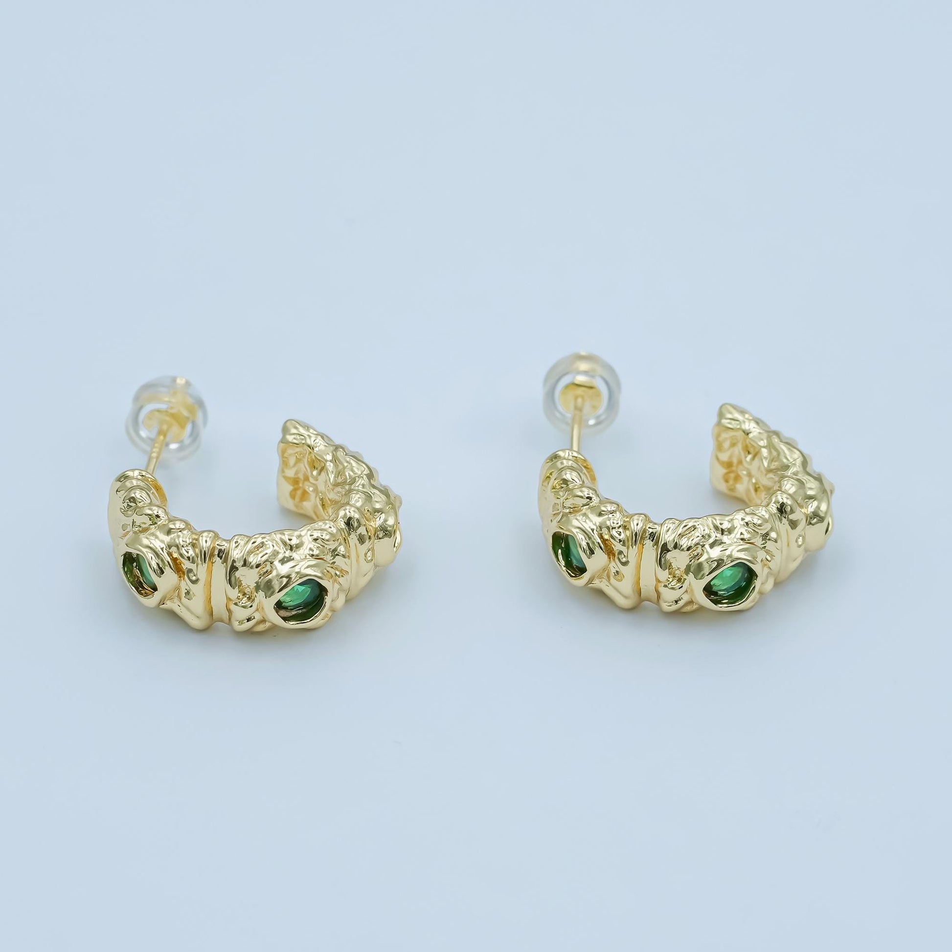 24K Gold Filled Green CZ Molten C-Shaped Hoop Earrings | AI435
