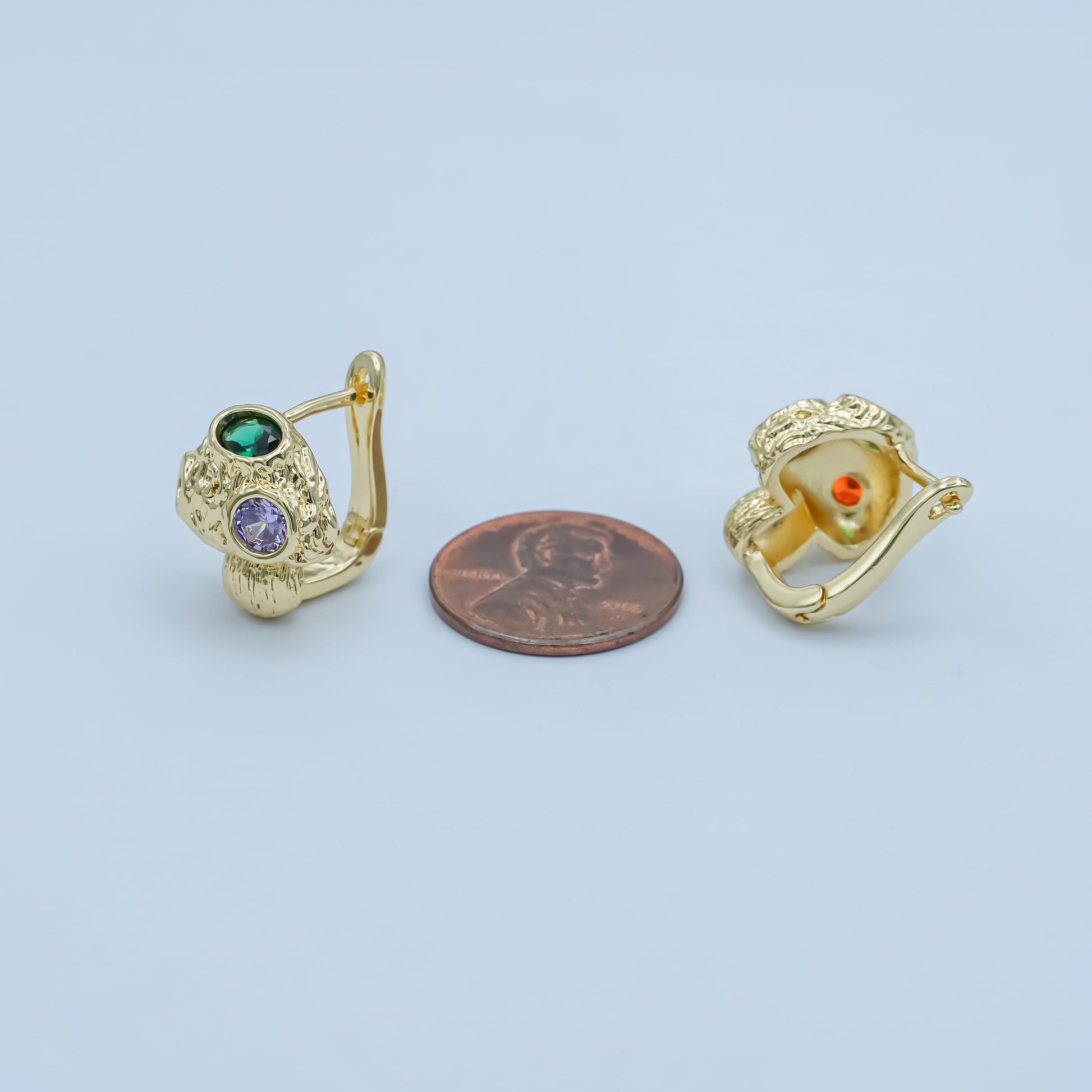 24K Gold Filled Green CZ Molten C-Shaped Hoop Earrings | AI435