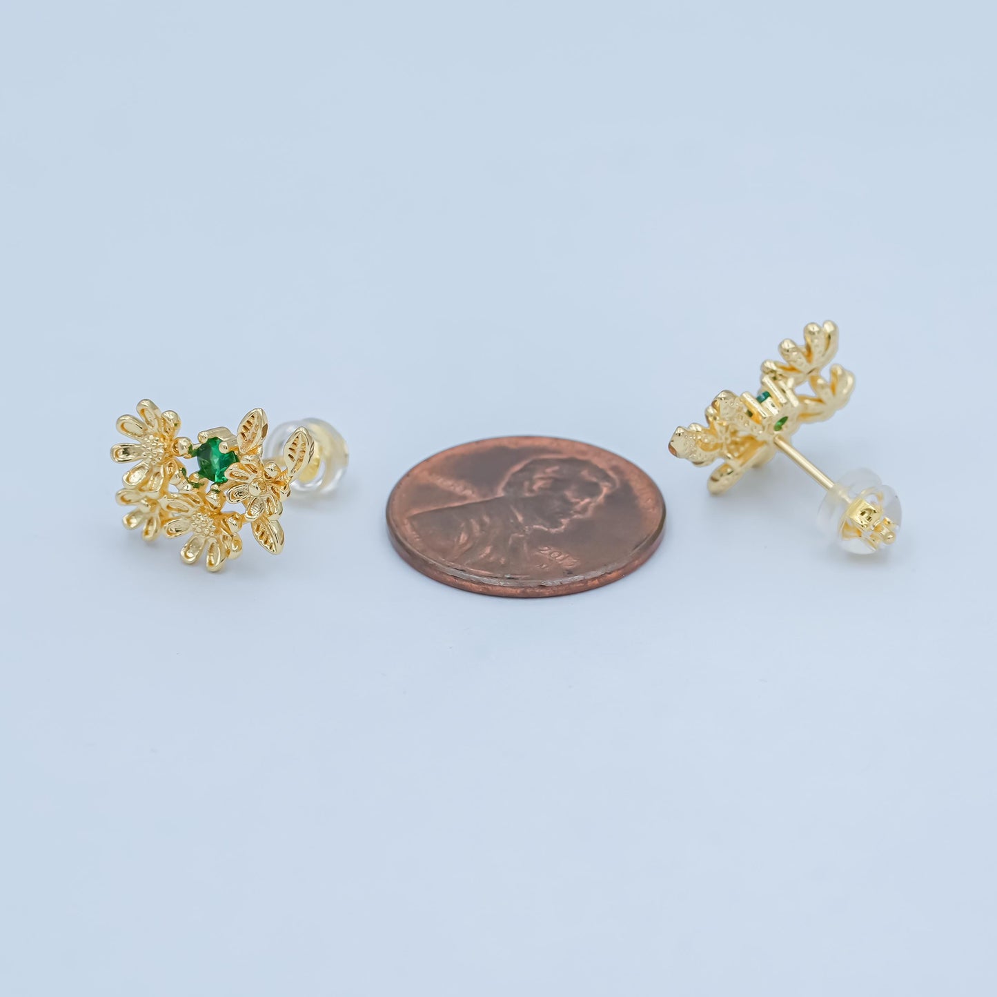 24K Gold Filled Green CZ Multiple Flower Leaf Stud Earrings | AI430