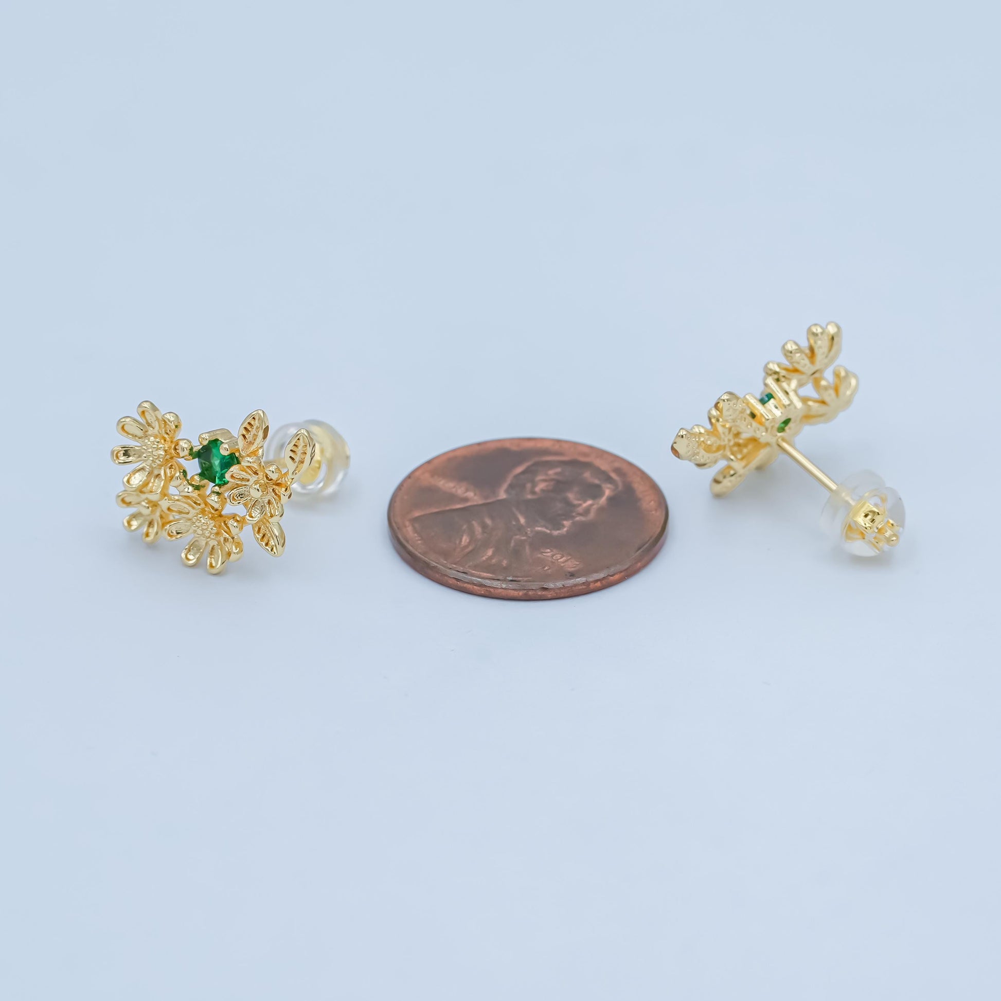 24K Gold Filled Green CZ Multiple Flower Leaf Stud Earrings | AI430