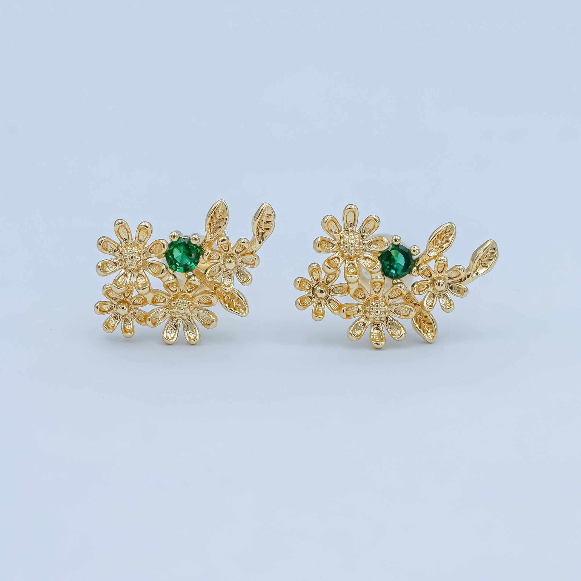24K Gold Filled Green CZ Multiple Flower Leaf Stud Earrings | AI430