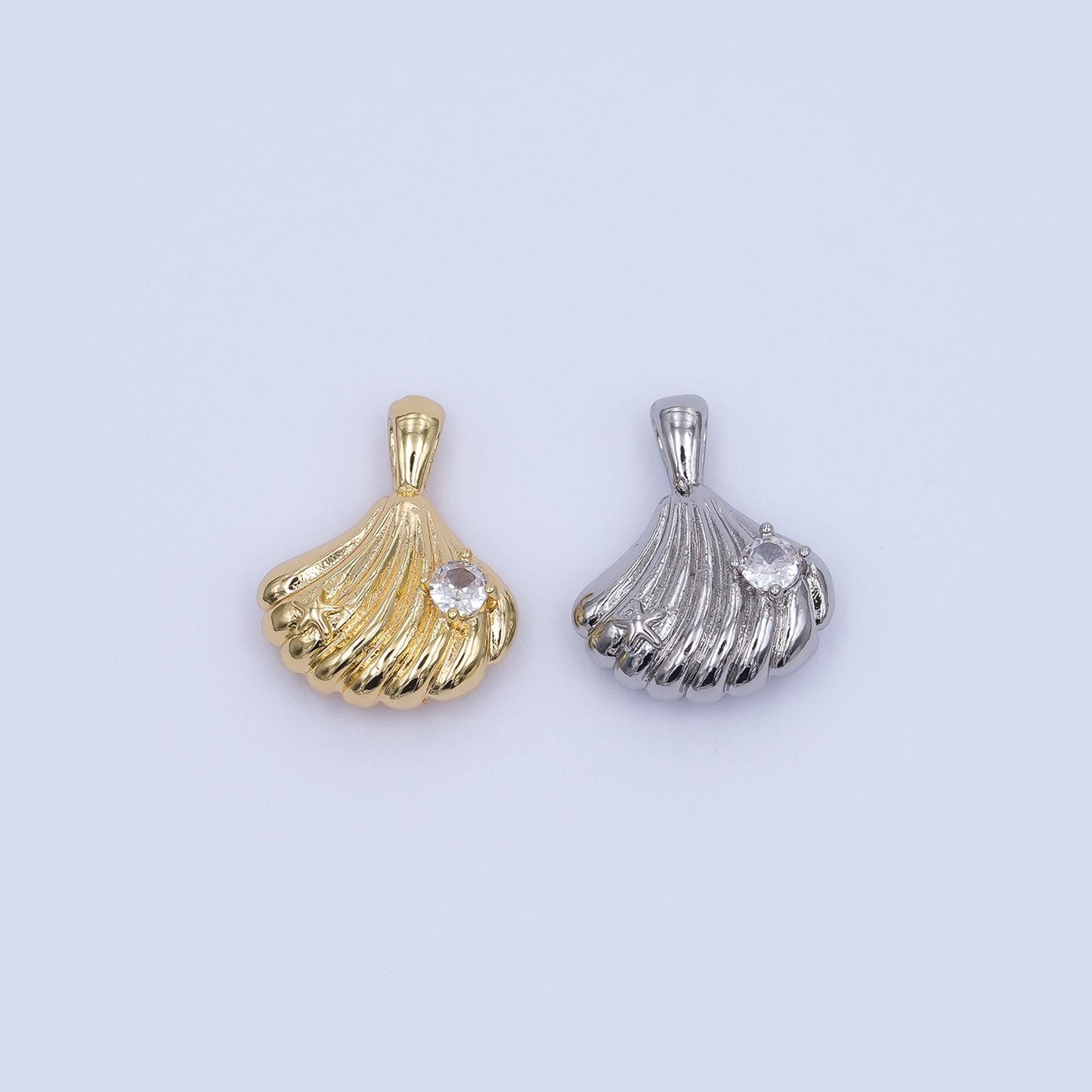 24K Gold Filled CZ Scallop Sea Shells Multidimensional 3D Pendant in Gold & Silver | AH459