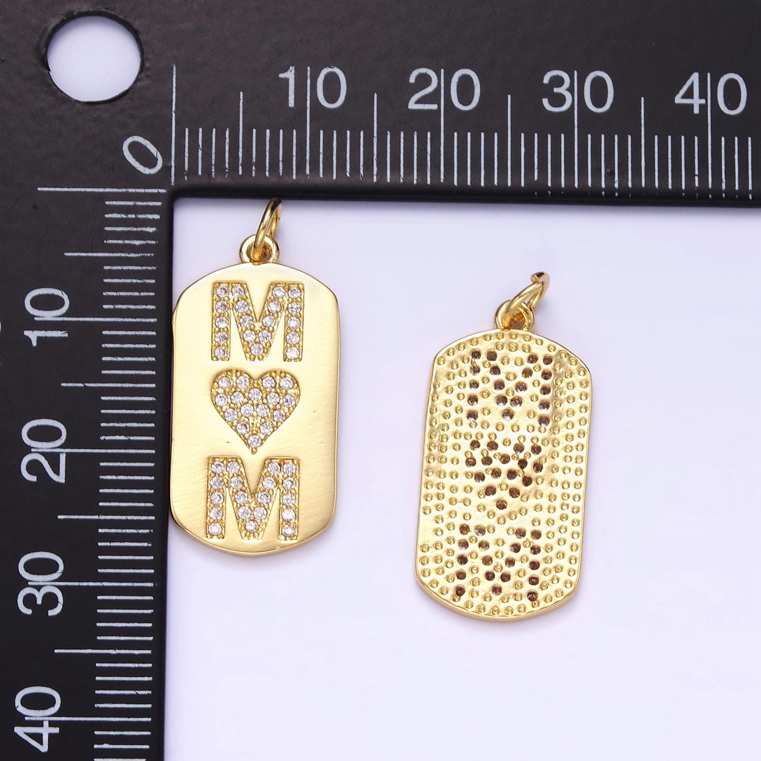 24K Gold Filled Micro Paved CZ "MOM" Oblong Tag Charm | AJ287