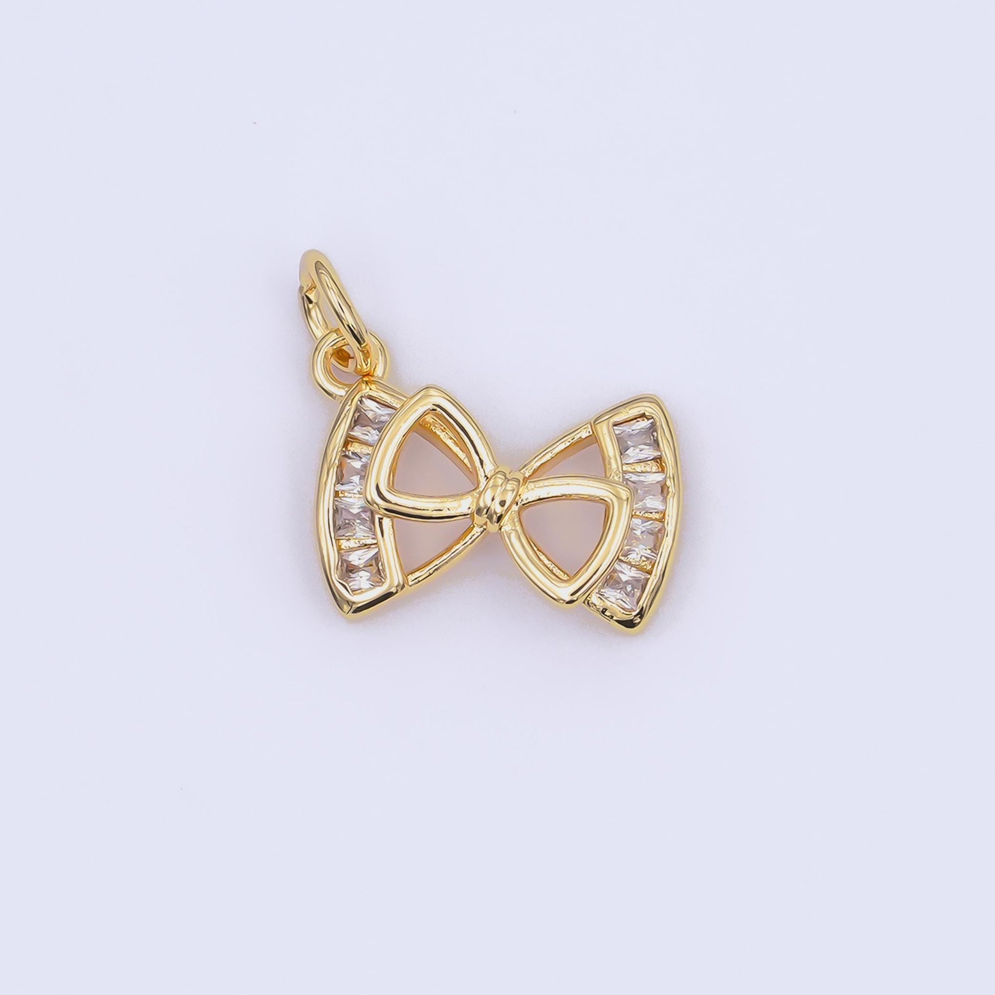24K Gold Filled Baguette CZ Open Ribbon Bow Charm | AJ296