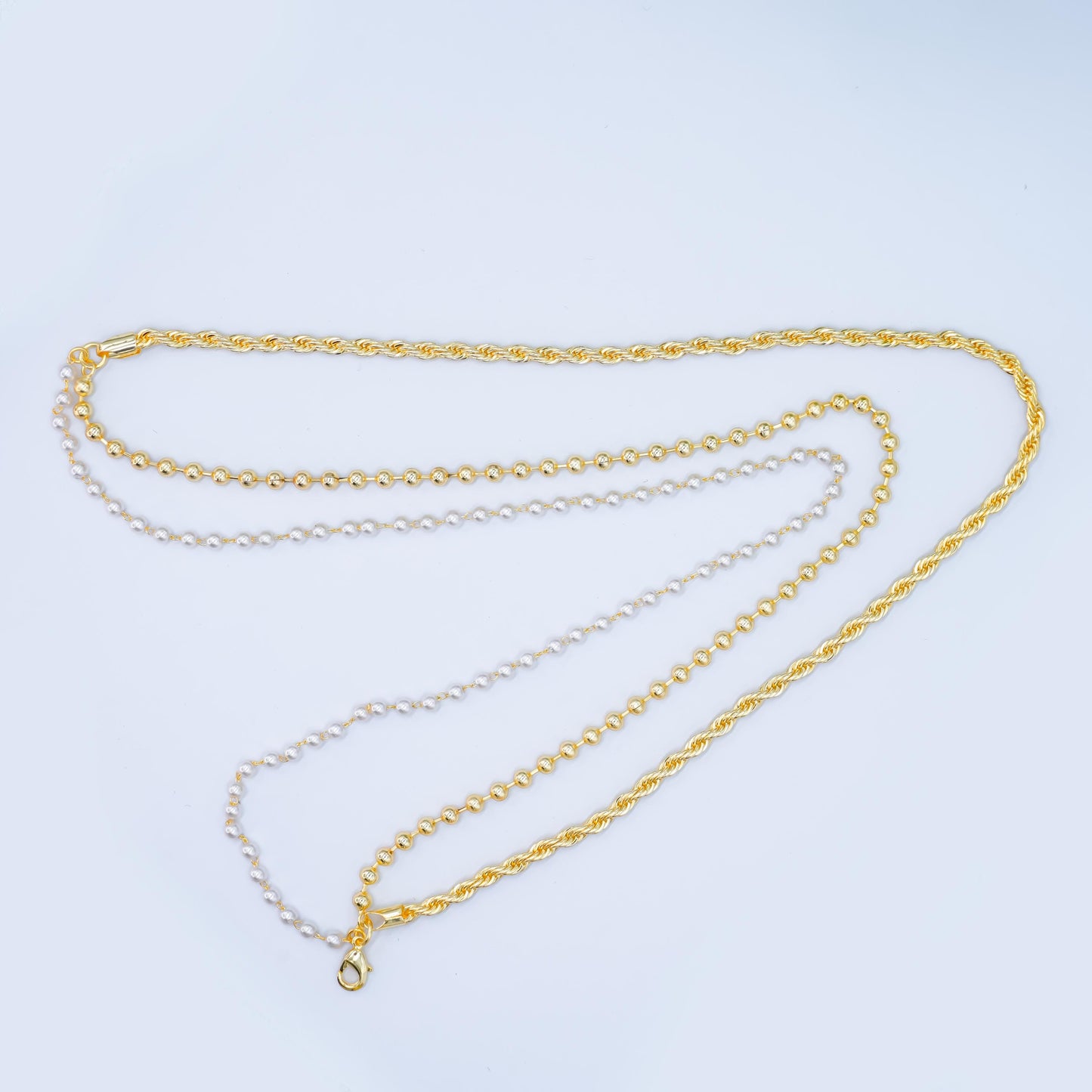 Layer Gold & Pearl Beaded Chain Necklace 24K Gold Filled Rope Chain Mixed Chain Style WA-2858