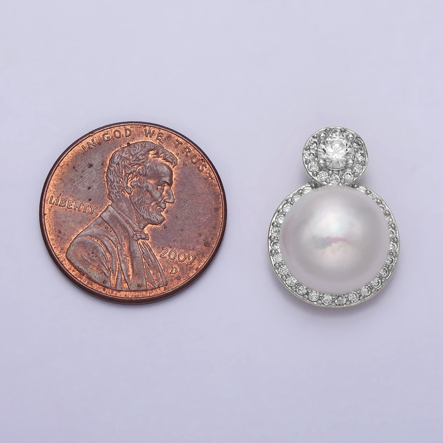 White Gold Filled Shell Pearl Round Micro Paved CZ Pendant | P1571