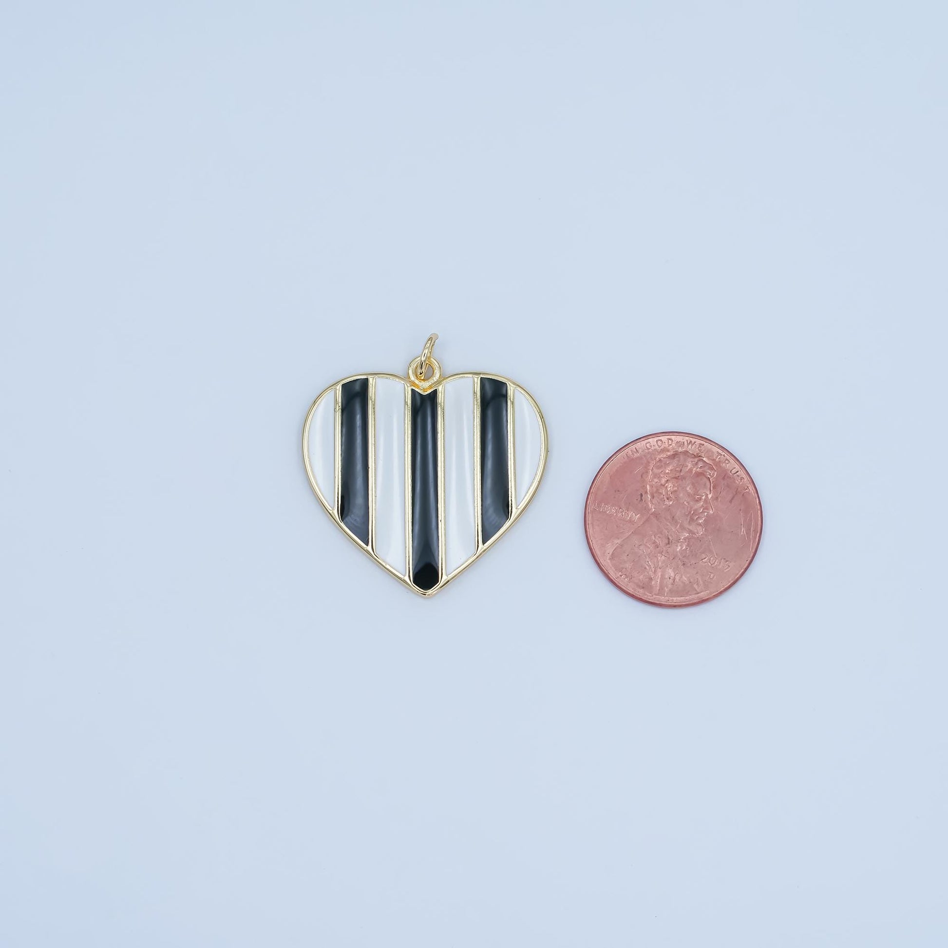 24K Gold Filled 26.5mm Black-and-White Striped Enamel Heart Charm | C050