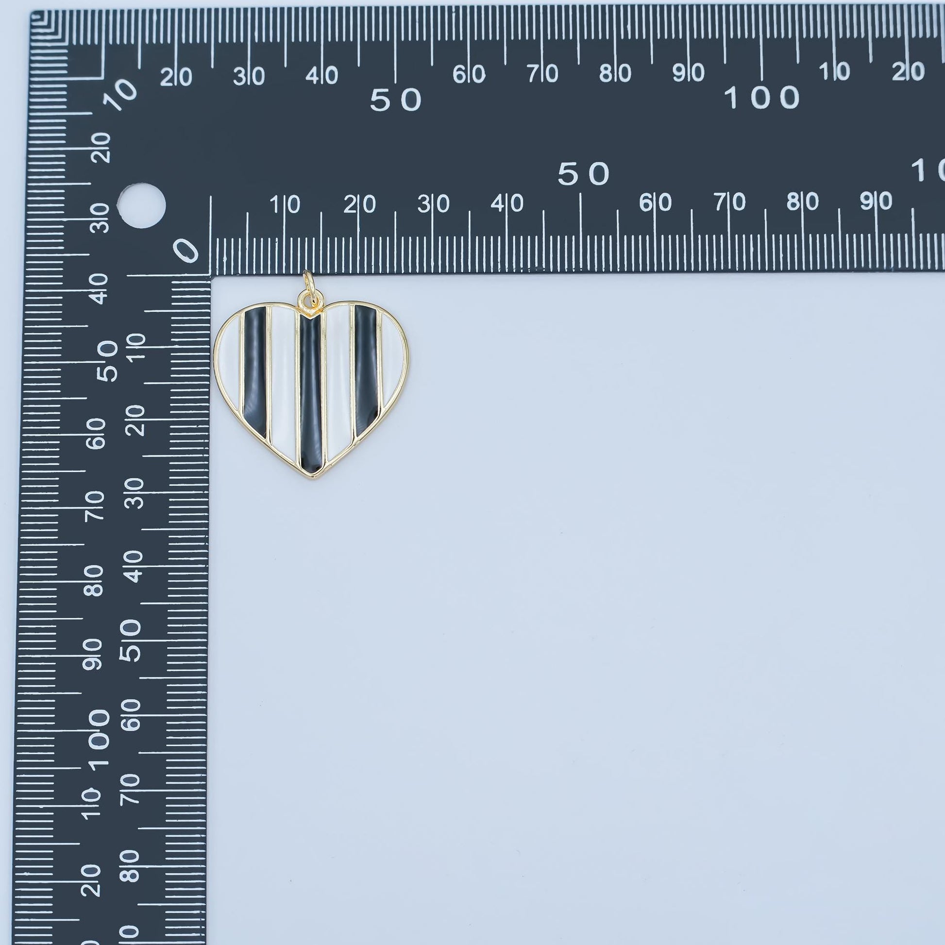 24K Gold Filled 26.5mm Black-and-White Striped Enamel Heart Charm | C050