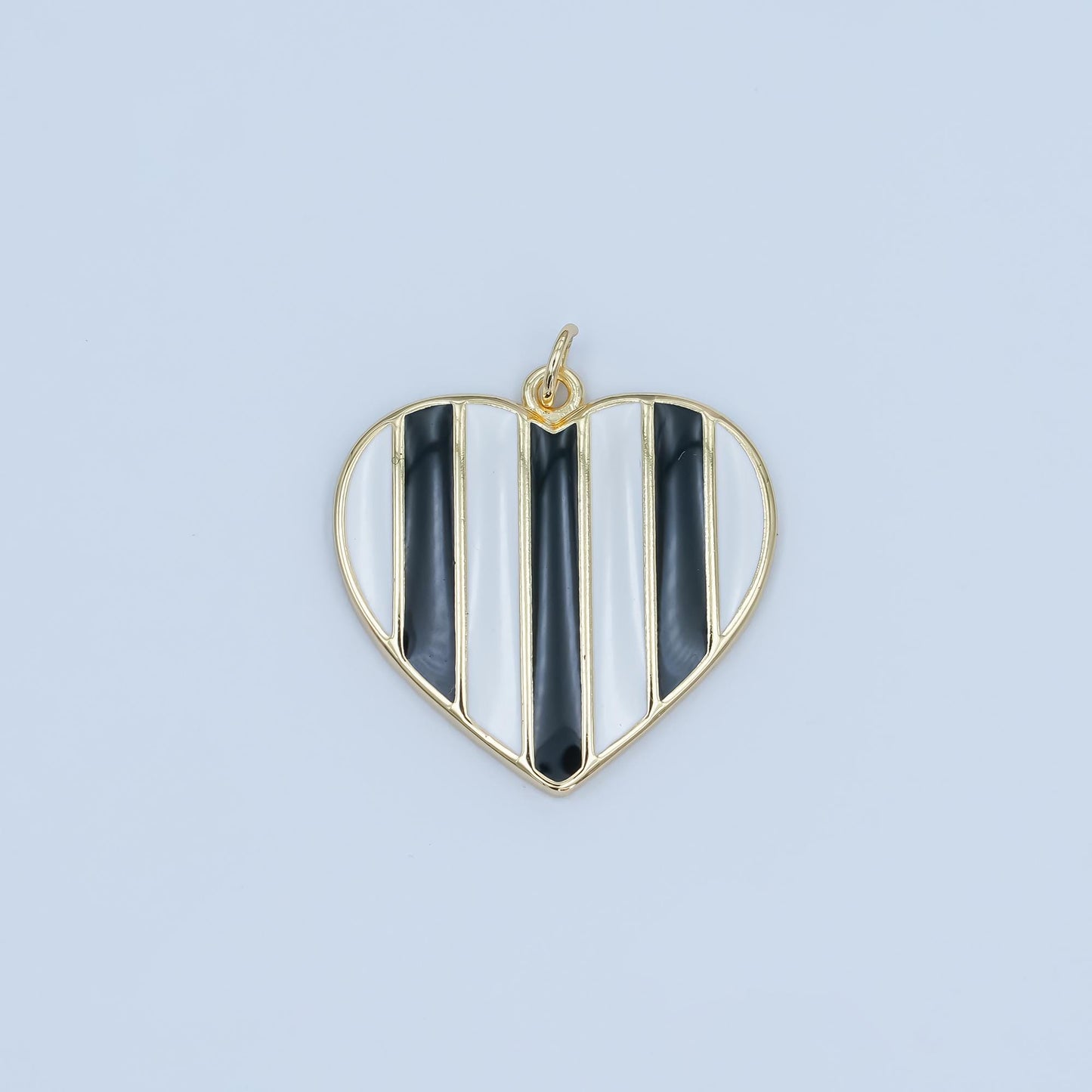 24K Gold Filled 26.5mm Black-and-White Striped Enamel Heart Charm | C050