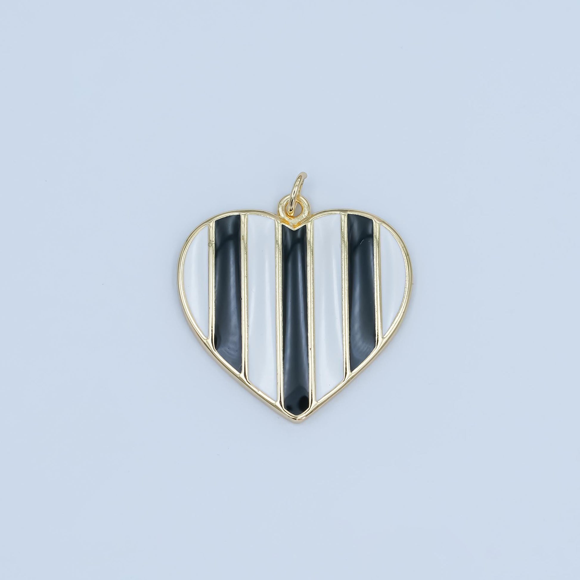 24K Gold Filled 26.5mm Black-and-White Striped Enamel Heart Charm | C050
