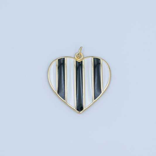 24K Gold Filled 26.5mm Black-and-White Striped Enamel Heart Charm | C050