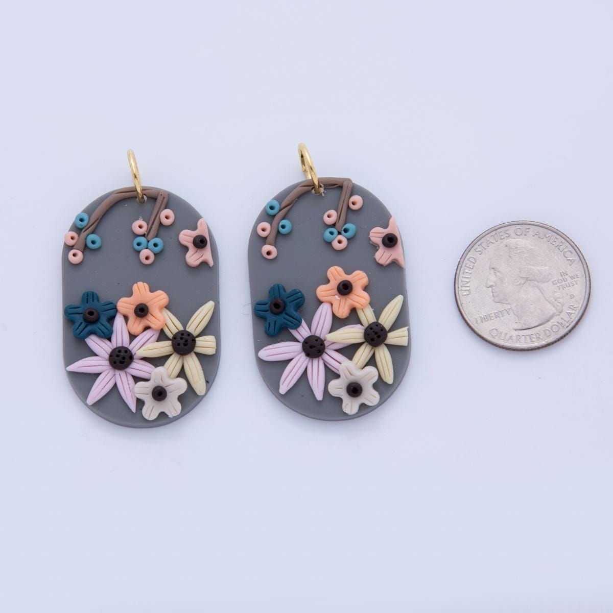 Whimsical Garden Floral Charms – Handmade Polymer Clay Oval Dangle – Pastel Boho Earring Components – Spring Jewelry DIY Supply AF-365