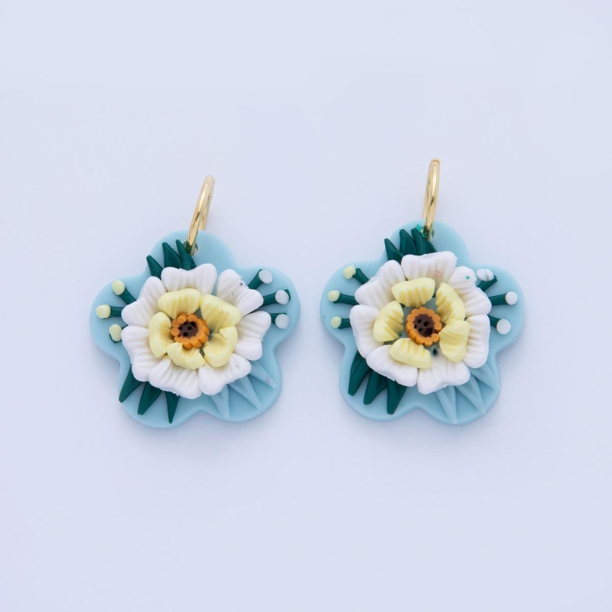 Handmade Floral Clay Charms – Blue Flower Drop with White & Yellow 3D Bloom – Polymer Clay Earring Dangle Necklace Charm Supply AF-367