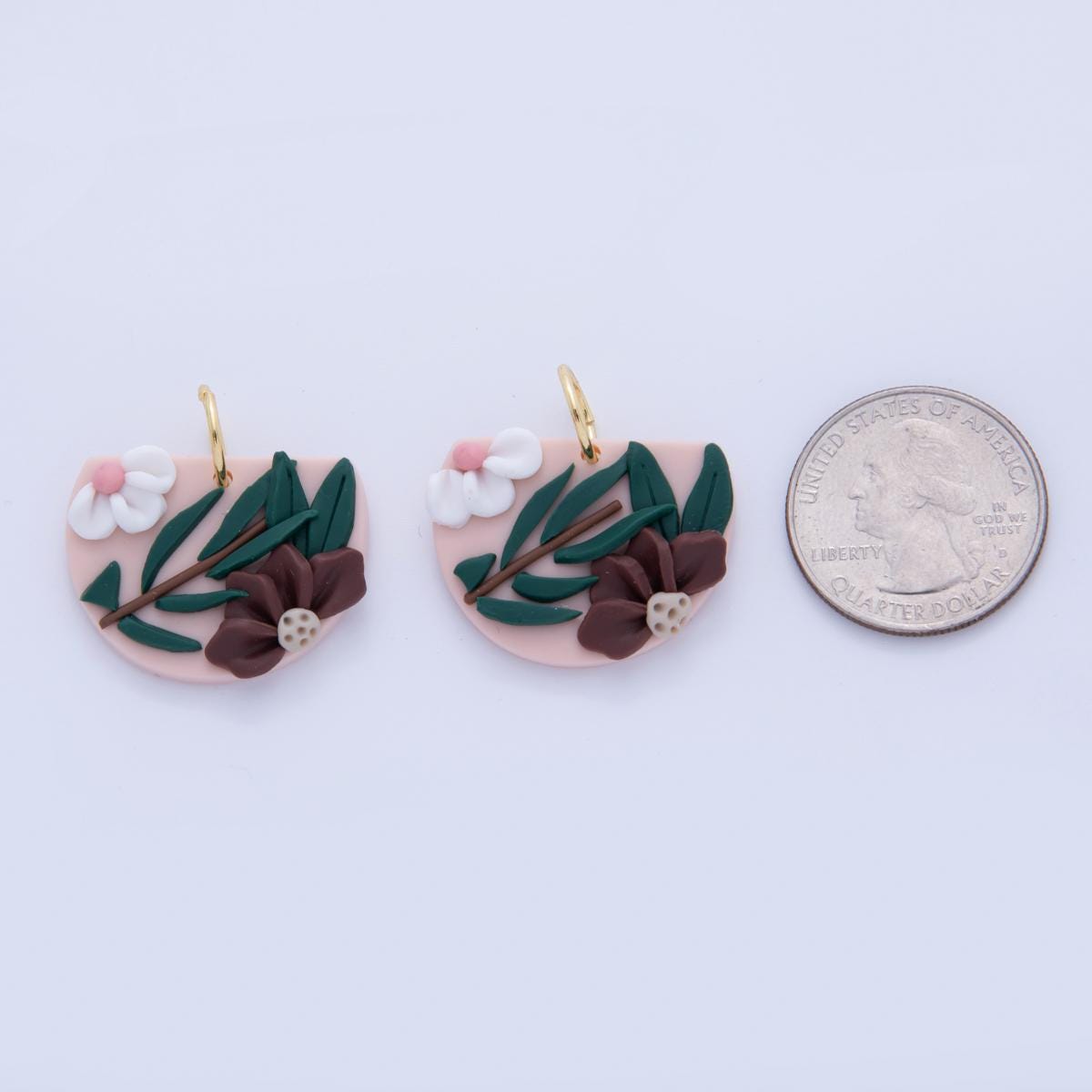 Clay Floral Earring Charms – Blush Pink Half Circle with Brown & White Flowers – Handmade Polymer Clay Jewelry Pendant AF-368