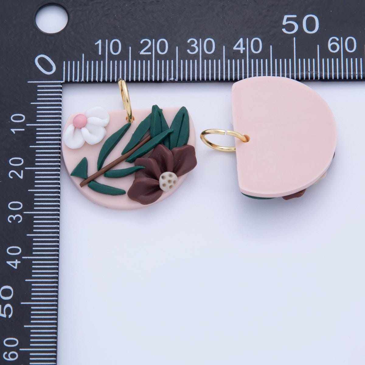 Clay Floral Earring Charms – Blush Pink Half Circle with Brown & White Flowers – Handmade Polymer Clay Jewelry Pendant AF-368