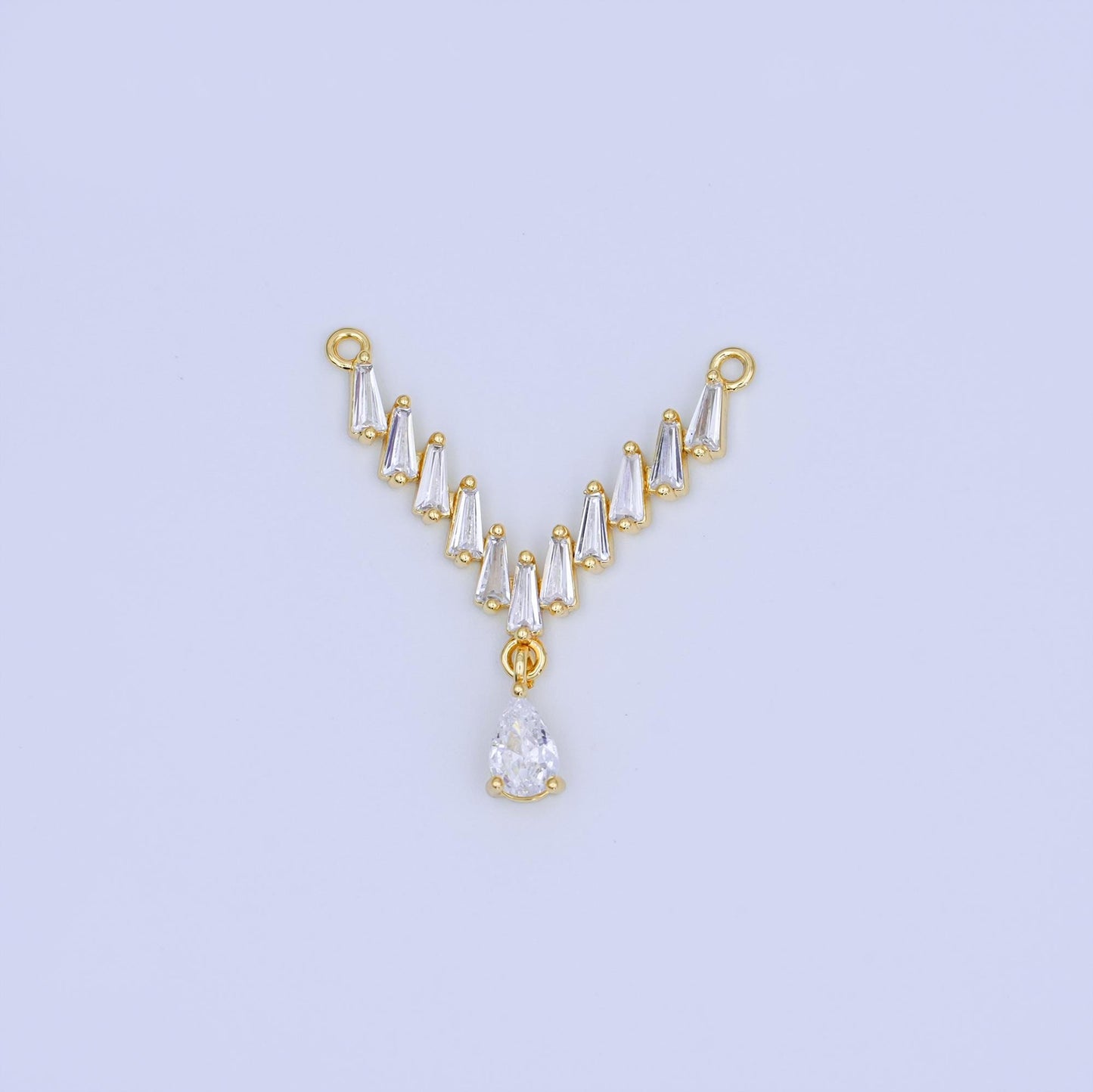 24K Gold Filled Clear CZ Baguette Teardrop V-Shaped Connector for Necklace Component | Y024