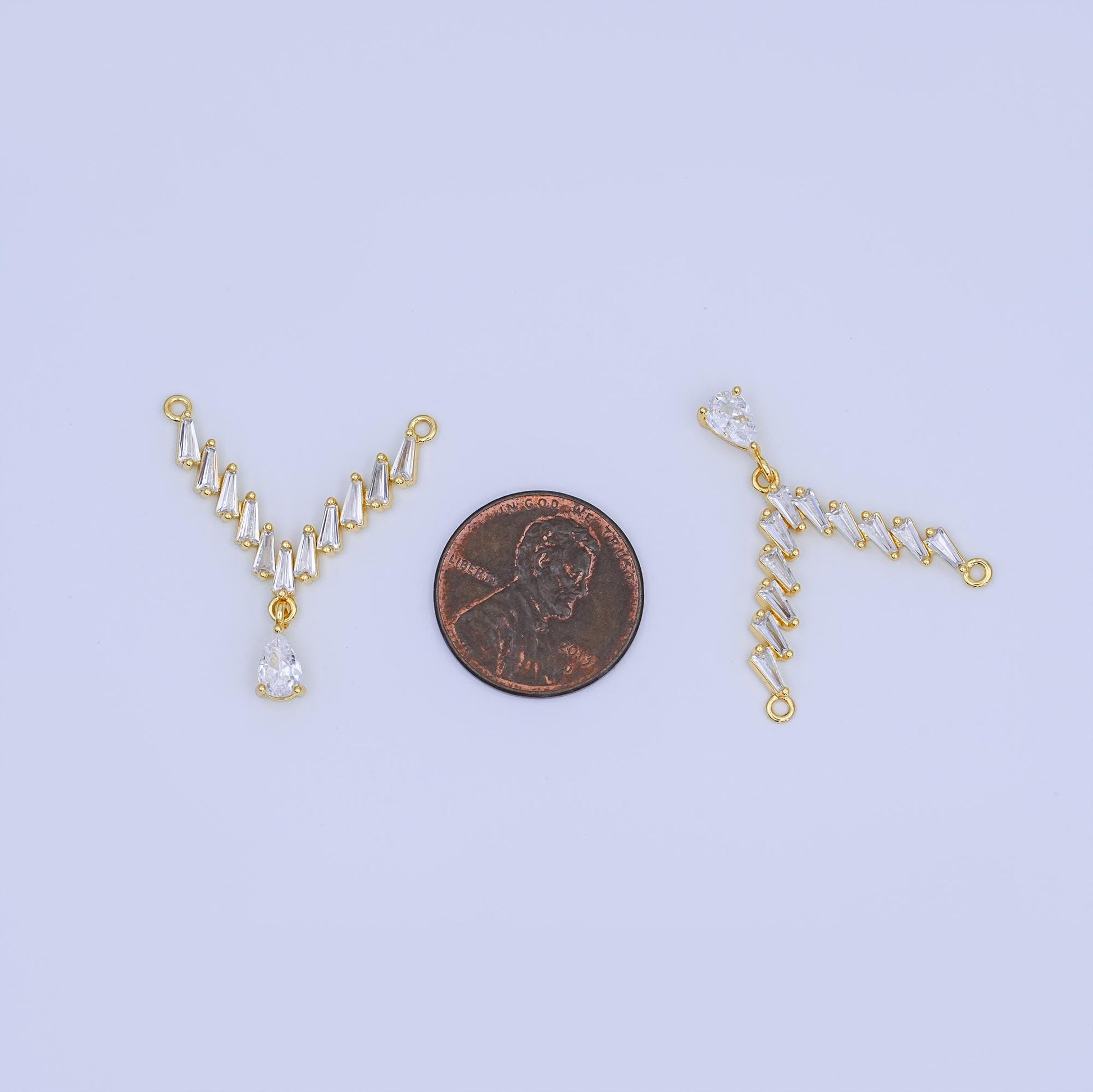 24K Gold Filled Clear CZ Baguette Teardrop V-Shaped Connector for Necklace Component | Y024