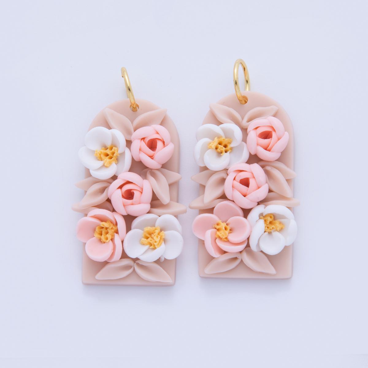 Pink Garden Floral Charms – Handmade Polymer Clay Tag Dangle – Pastel Boho Earring Components – Spring Jewelry DIY Supply AF-369