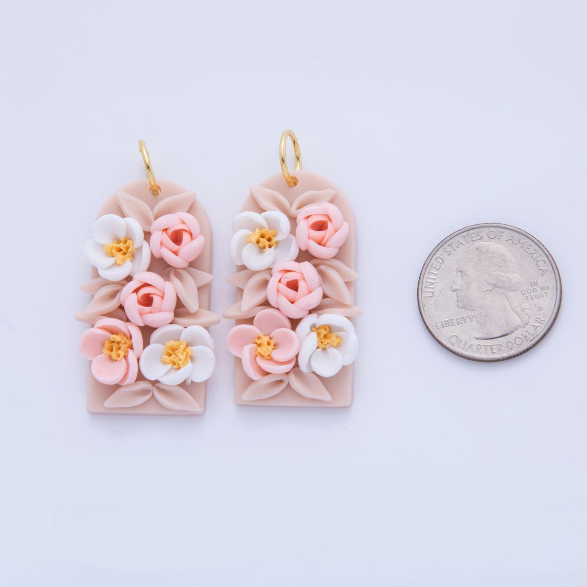 Pink Garden Floral Charms – Handmade Polymer Clay Tag Dangle – Pastel Boho Earring Components – Spring Jewelry DIY Supply AF-369