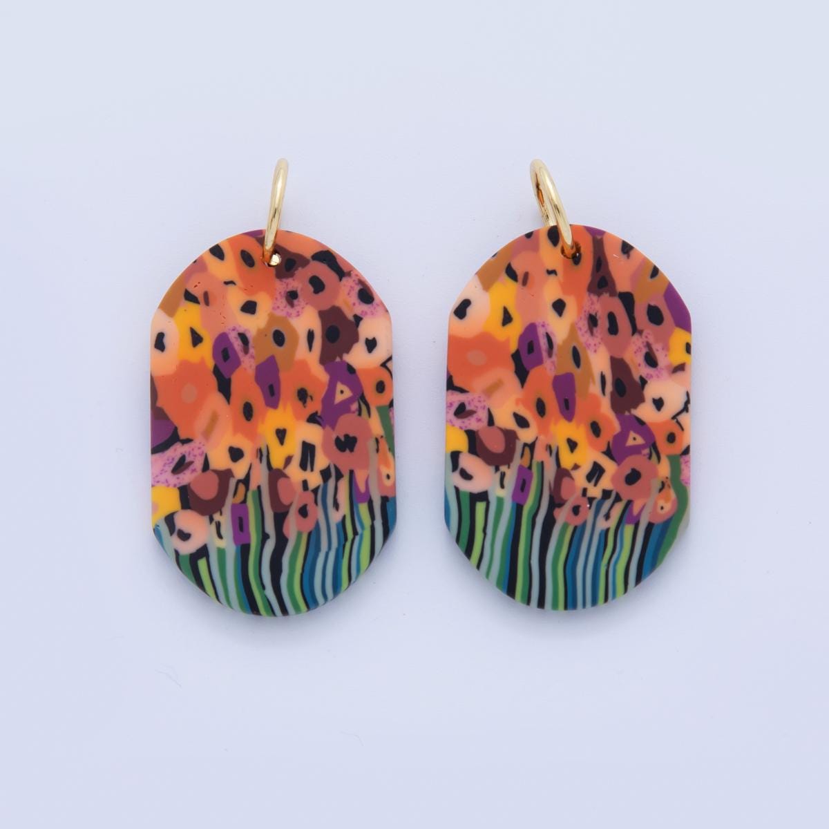 Abstract Garden Floral Charms – Handmade Polymer Clay Oval Dangle – Painting Boho Earring Components AF-374