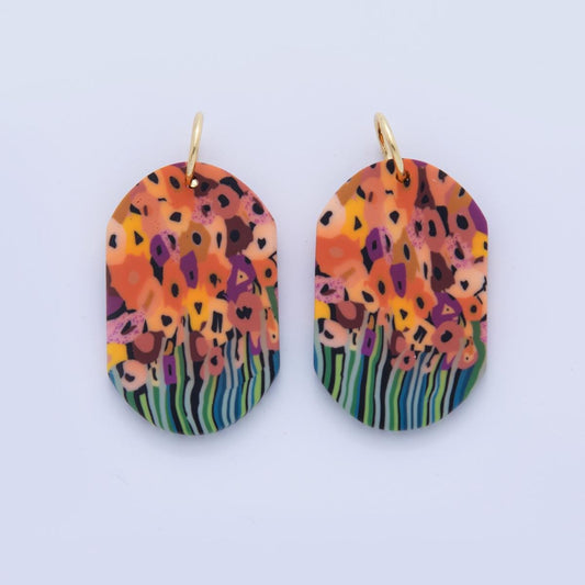 Abstract Garden Floral Charms – Handmade Polymer Clay Oval Dangle – Painting Boho Earring Components AF-374