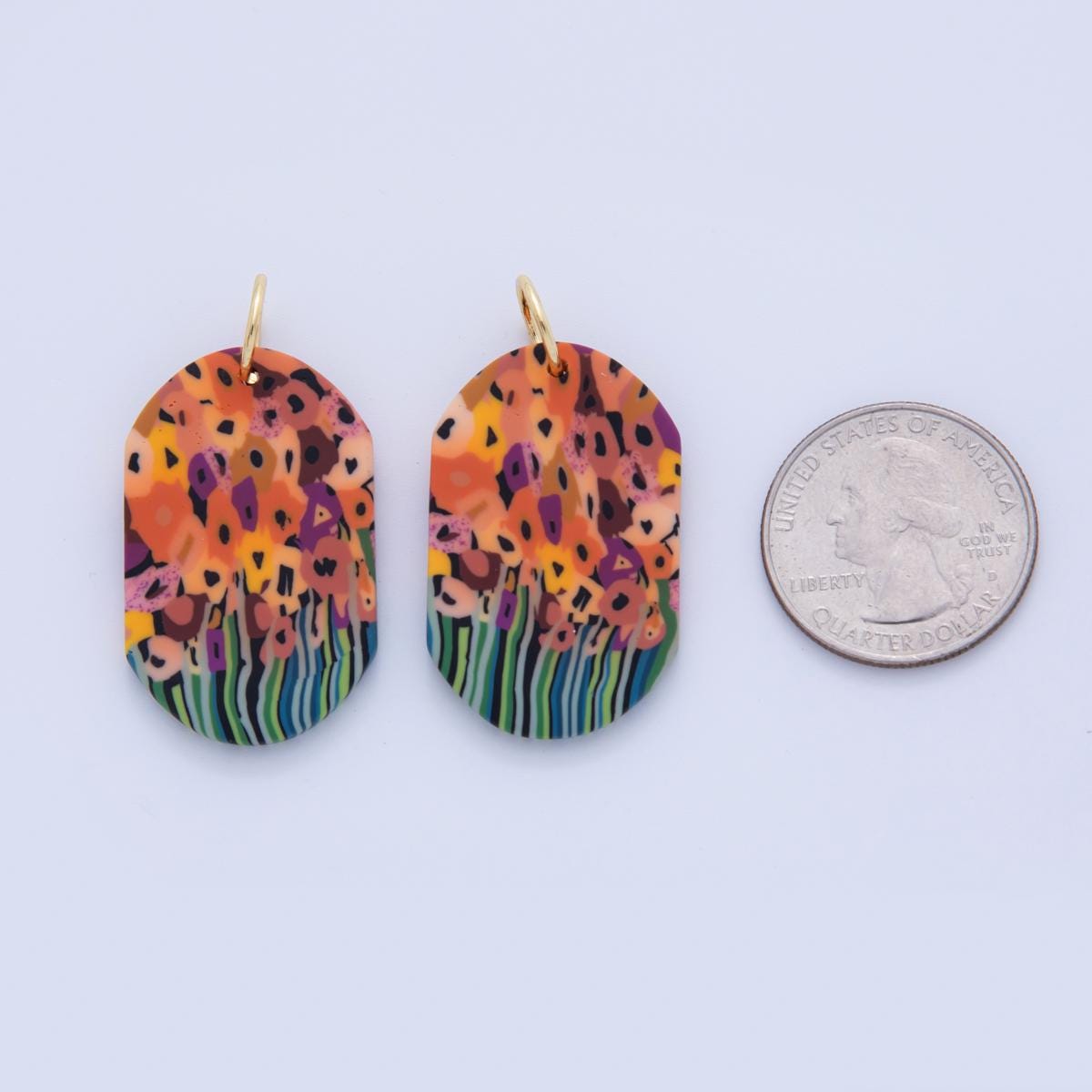 Abstract Garden Floral Charms – Handmade Polymer Clay Oval Dangle – Painting Boho Earring Components AF-374