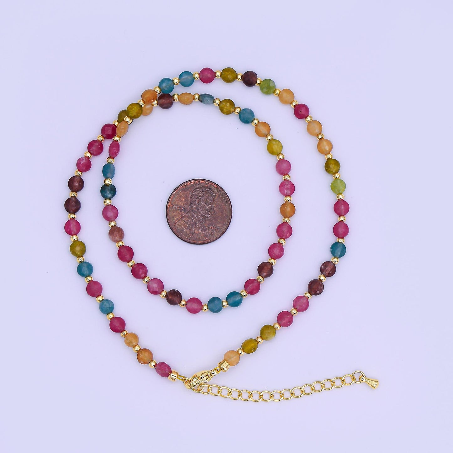 24K Gold Filled 4.5mm Multicolor Natural Gemstone Round Bead 17 Inch Necklace | WA-3151