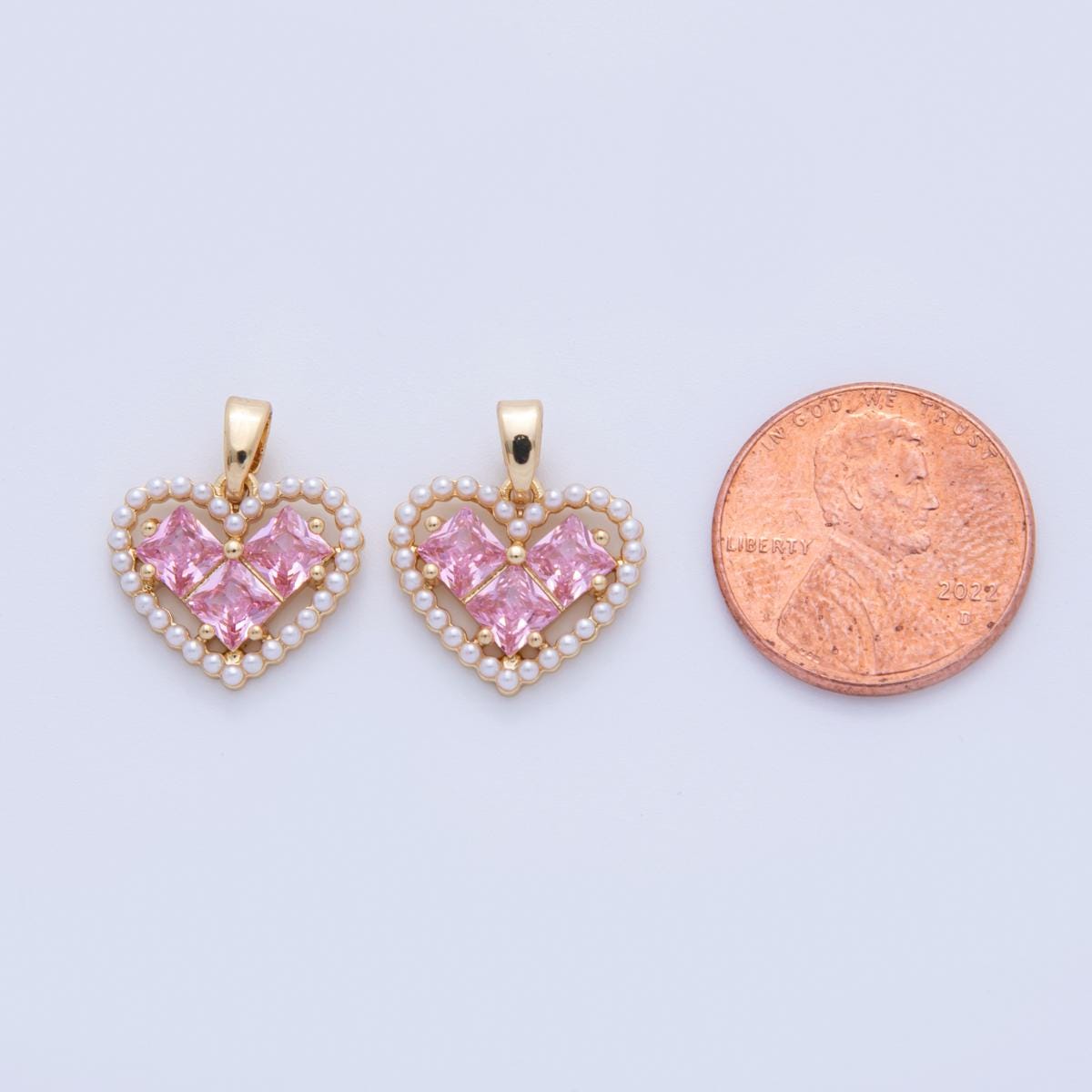 18K Gold Filled Pink CZ Shell Pearl Outline Open Heart Pendant | AH731