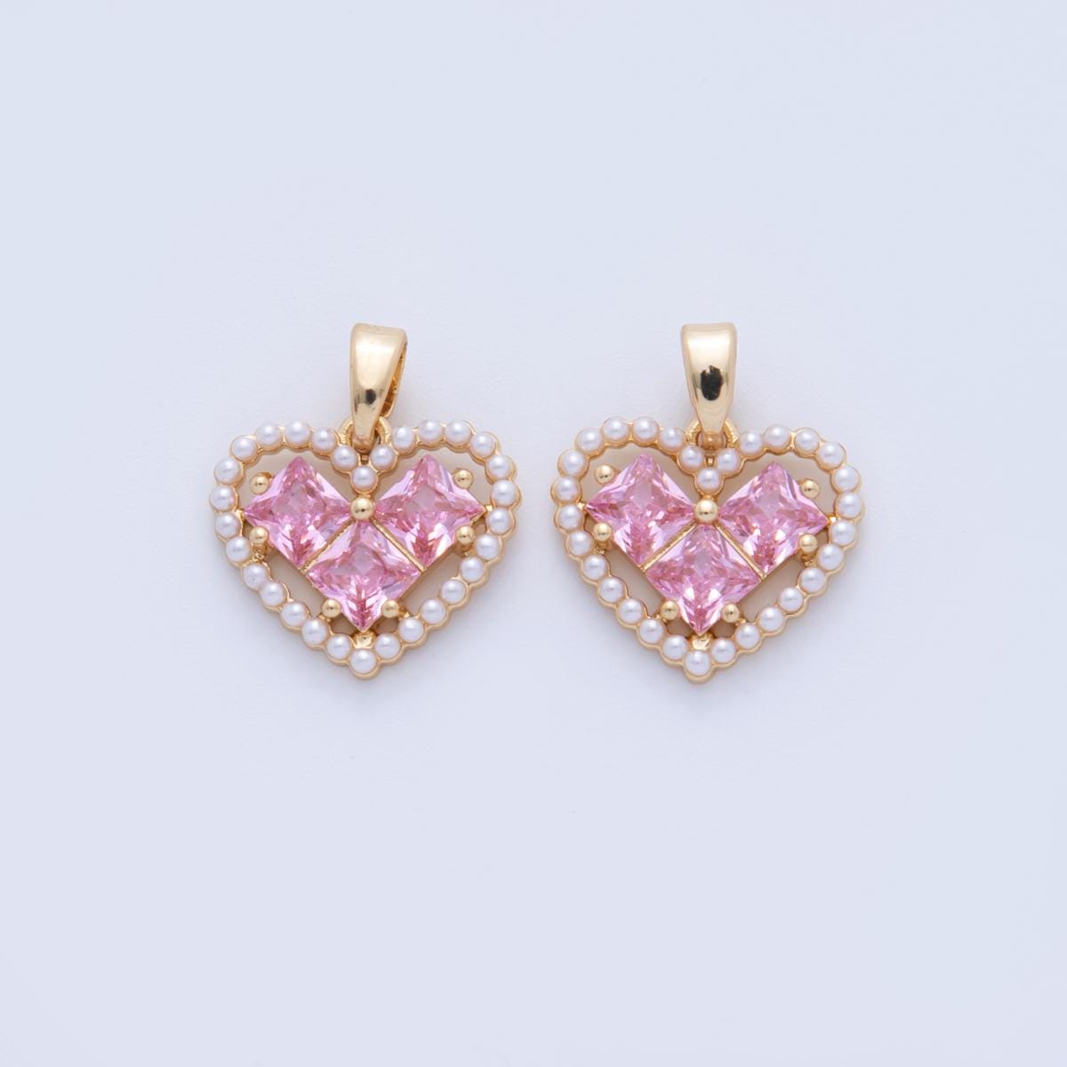 18K Gold Filled Pink CZ Shell Pearl Outline Open Heart Pendant | AH731