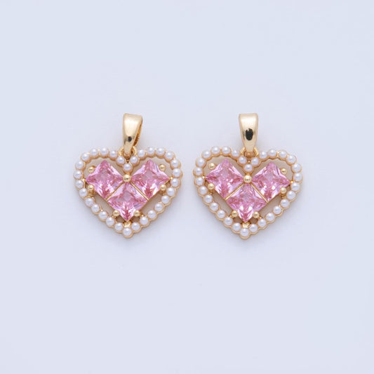 18K Gold Filled Pink CZ Shell Pearl Outline Open Heart Pendant | AH731