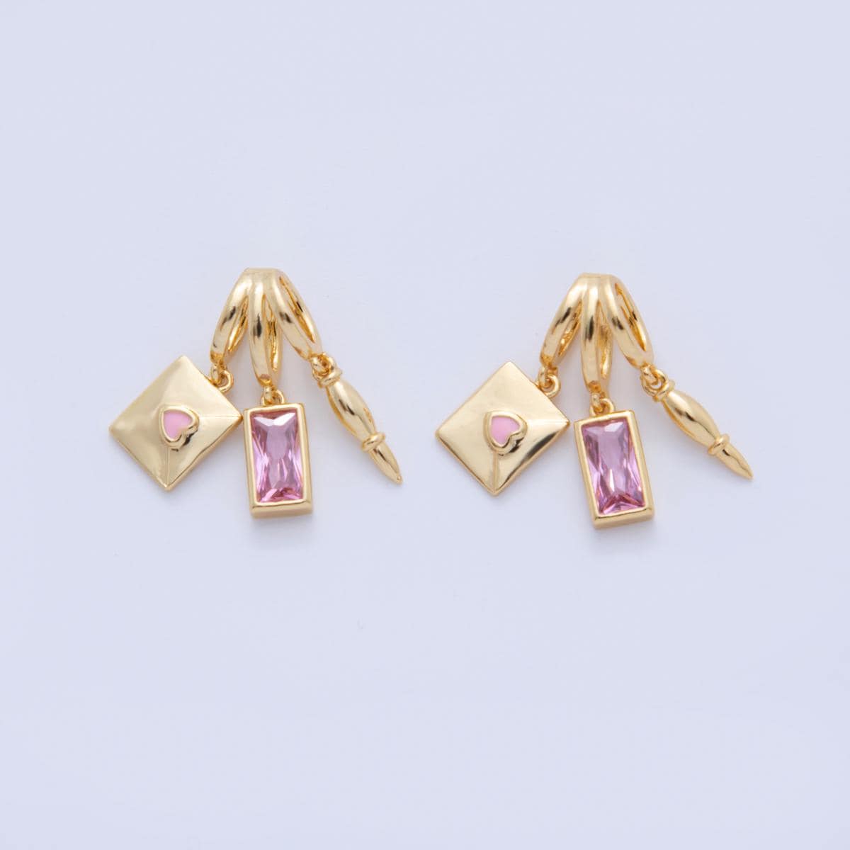 18K Gold Filled Pink Baguette CZ Letter Pen Triple Rhondelle Drop Pendant | AF342