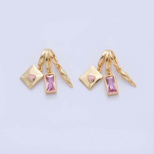 18K Gold Filled Pink Baguette CZ Letter Pen Triple Rhondelle Drop Pendant | AF342