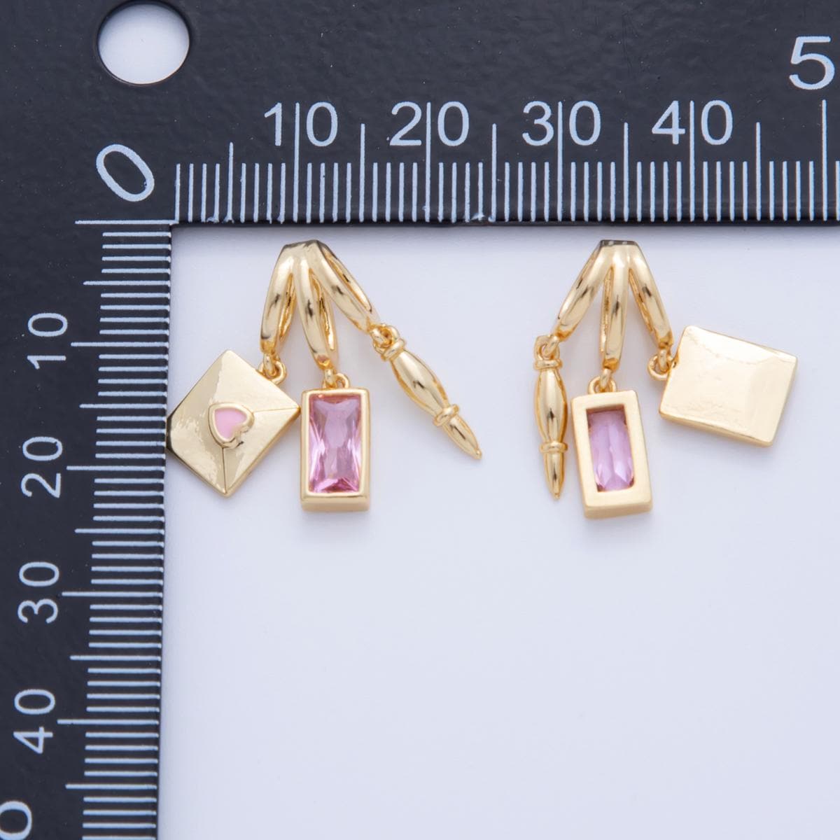 18K Gold Filled Pink Baguette CZ Letter Pen Triple Rhondelle Drop Pendant | AF342