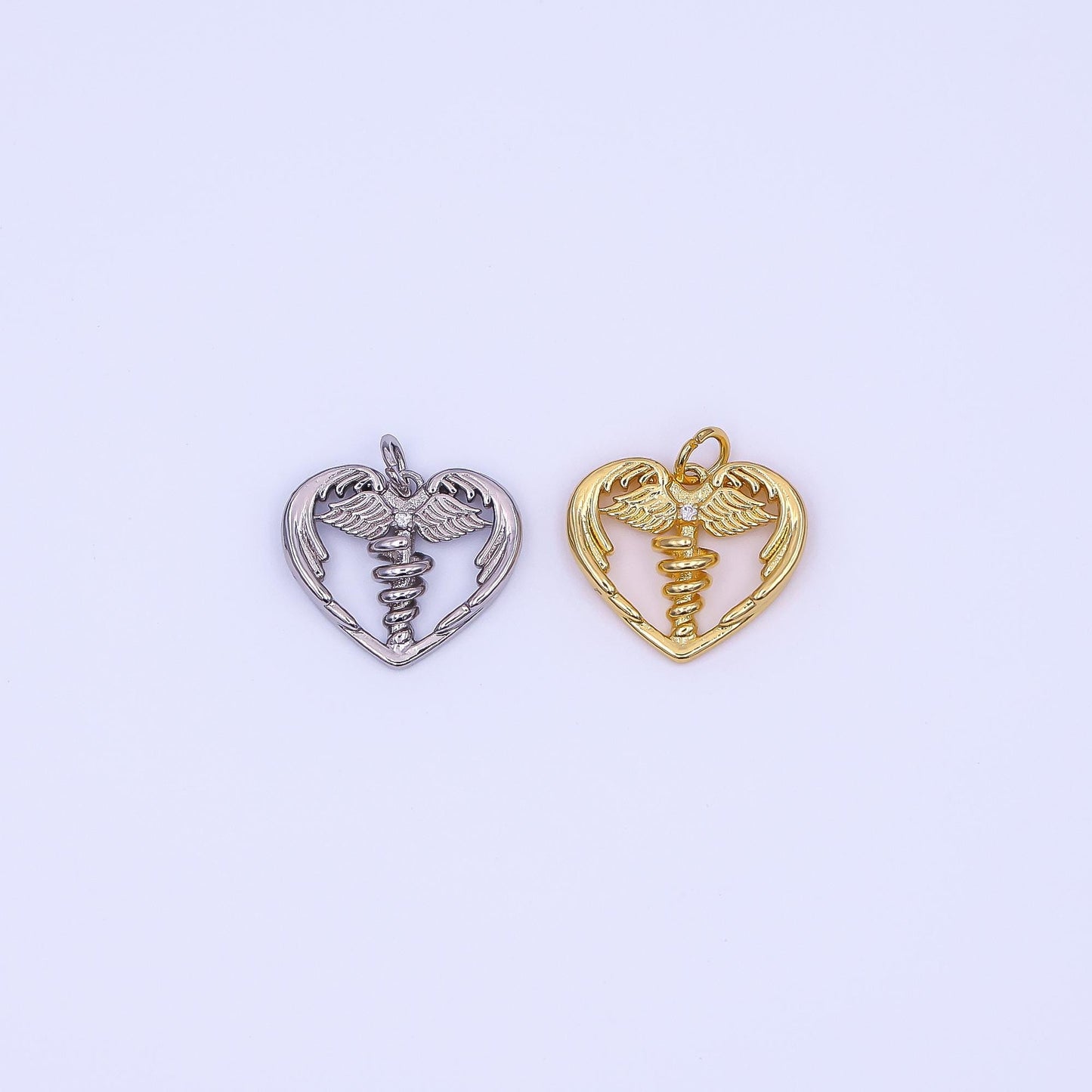 Tiny Heart Gold medicine caduceus symbol medical doctor nurse gift idea roman mercury Nurse pendant Angel Wing | AF-497