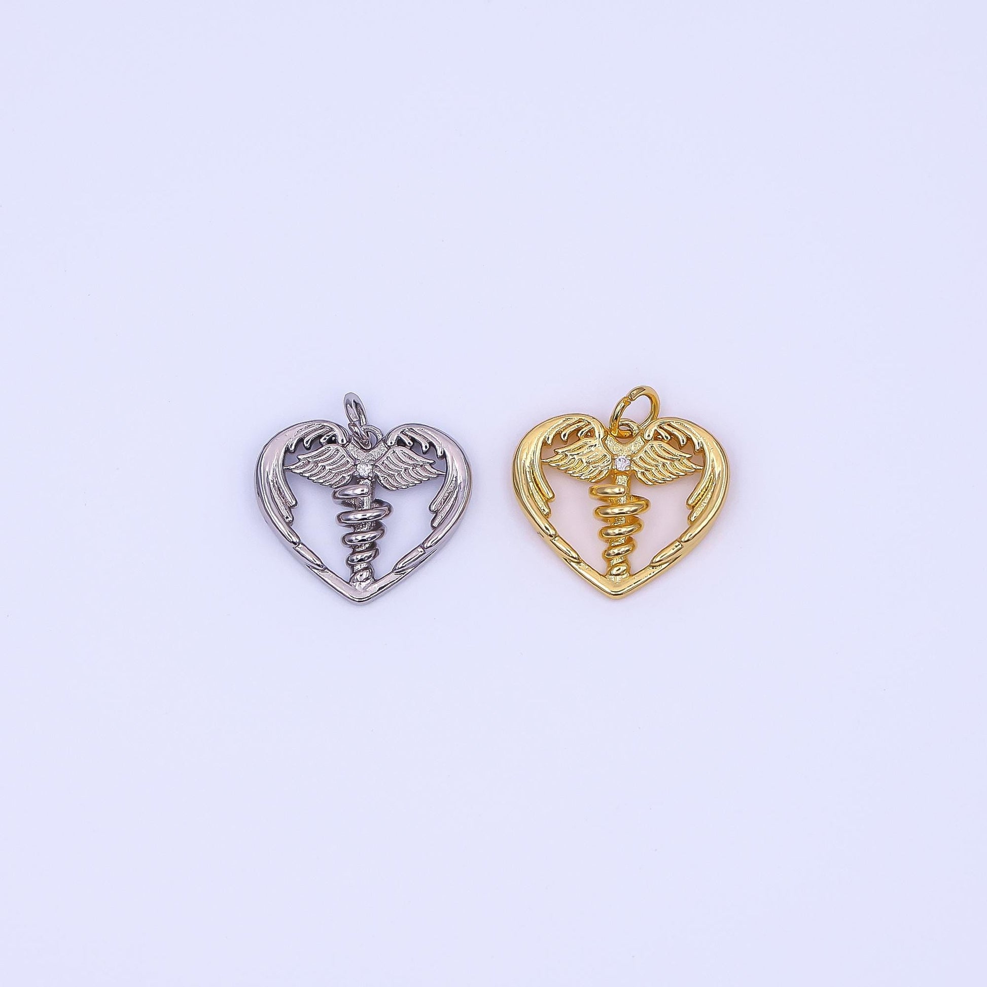 Tiny Heart Gold medicine caduceus symbol medical doctor nurse gift idea roman mercury Nurse pendant Angel Wing | AF-497