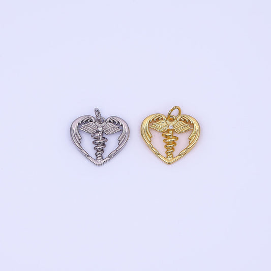 Tiny Heart Gold medicine caduceus symbol medical doctor nurse gift idea roman mercury Nurse pendant Angel Wing | AF-497